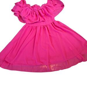 Bright Pink Ruffle Midi Dress – Flutter Sleeve & Scoop Neck Small